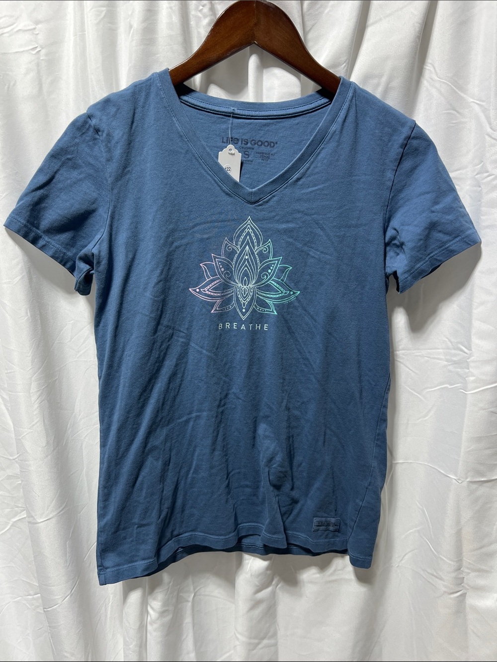 Life Is Good Blue V‑Neck Tee with Pastel Lotus Graphic